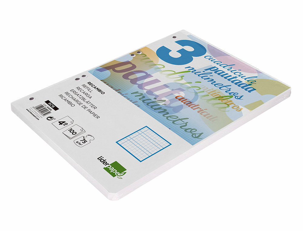 RECAMBIO LIDERPAPEL A5 PAUTAGUIA 100 HOJAS 75GR CUADRICULADO PAUTADO 3MM CON MARGEN 6 TALADROS