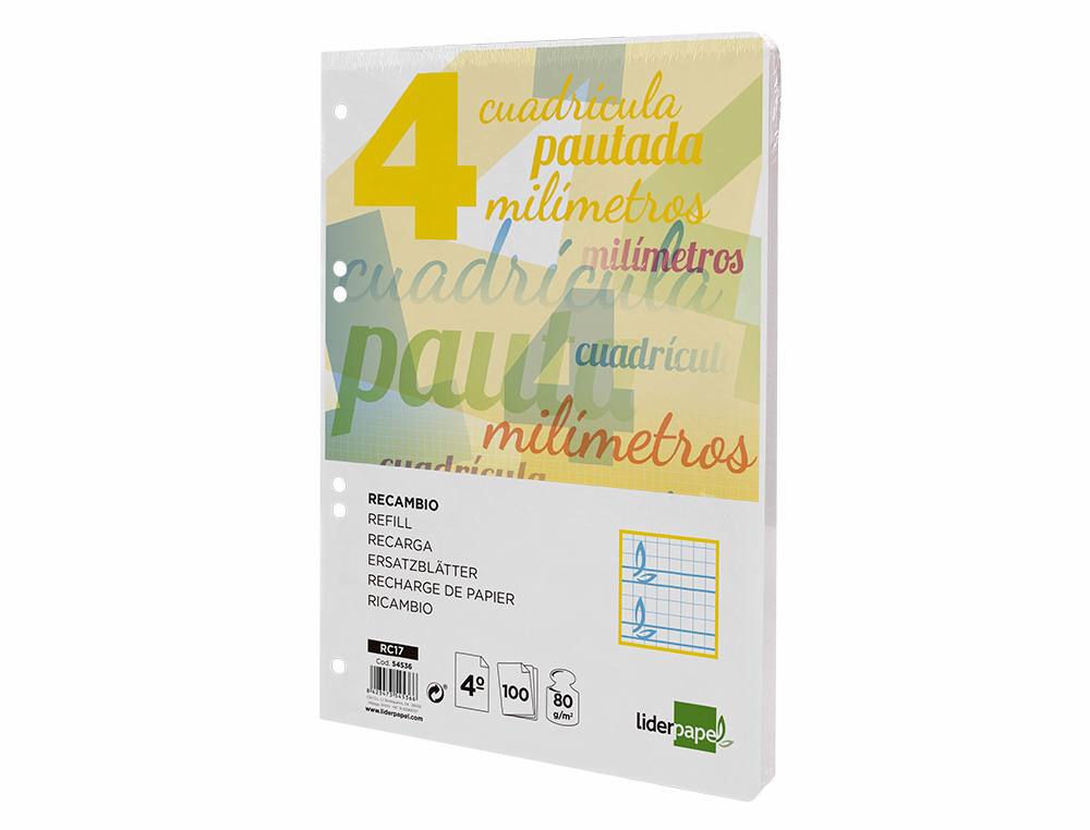 RECAMBIO LIDERPAPEL CUARTO PAUTAGUIA 100 HOJAS 75GR CUADRICULADO PAUTADO 4MM CON MARGEN 6 TALADROS