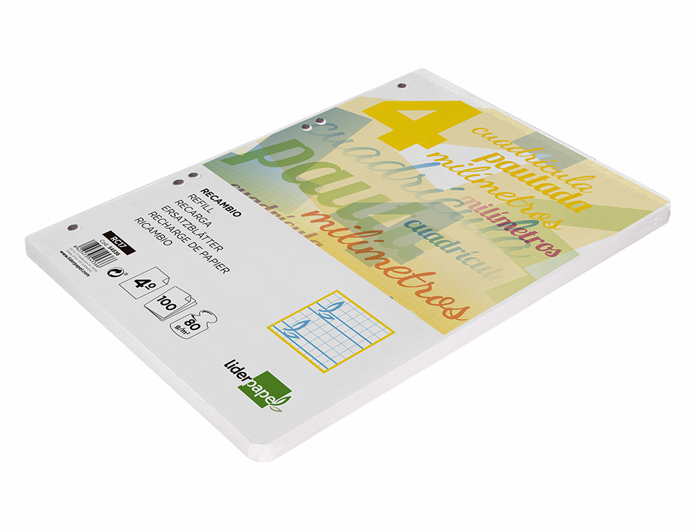 RECAMBIO LIDERPAPEL CUARTO PAUTAGUIA 100 HOJAS 75GR CUADRICULADO PAUTADO 4MM CON MARGEN 6 TALADROS