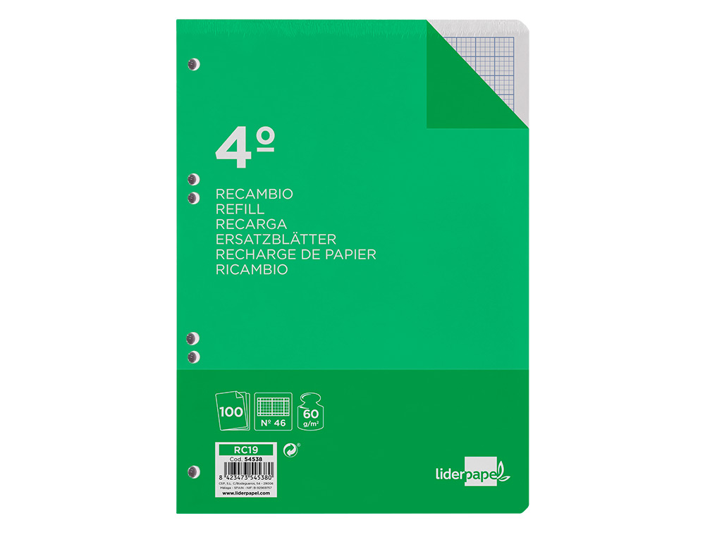 RECAMBIO LIDERPAPEL CUARTO 100 HOJAS 60G/M2 RAYADO N 46 6 TALADROS