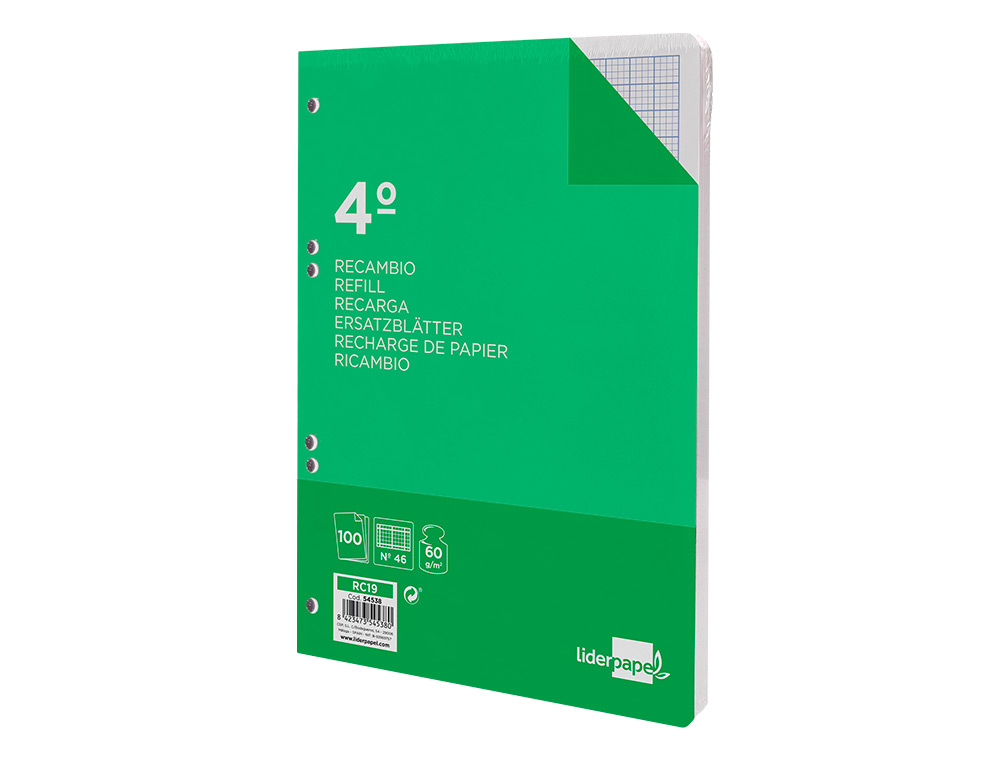 RECAMBIO LIDERPAPEL CUARTO 100 HOJAS 60G/M2 RAYADO N 46 6 TALADROS