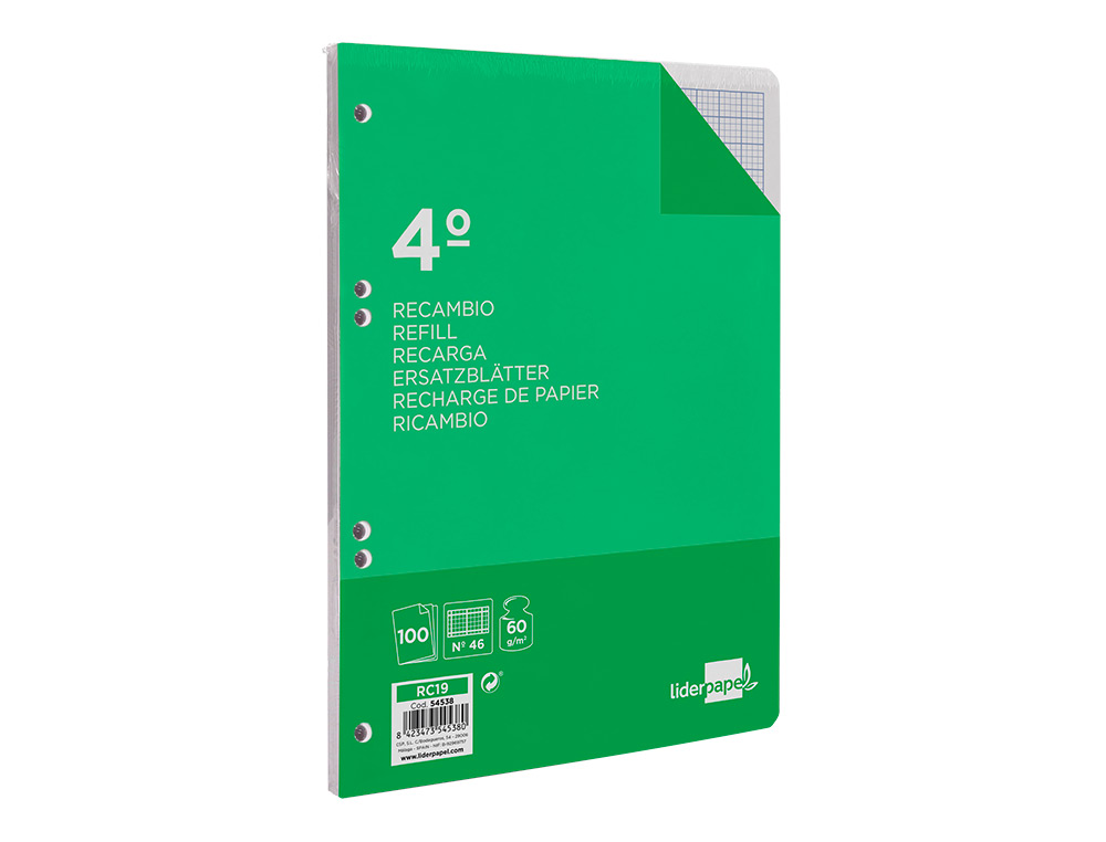 RECAMBIO LIDERPAPEL CUARTO 100 HOJAS 60G/M2 RAYADO N 46 6 TALADROS