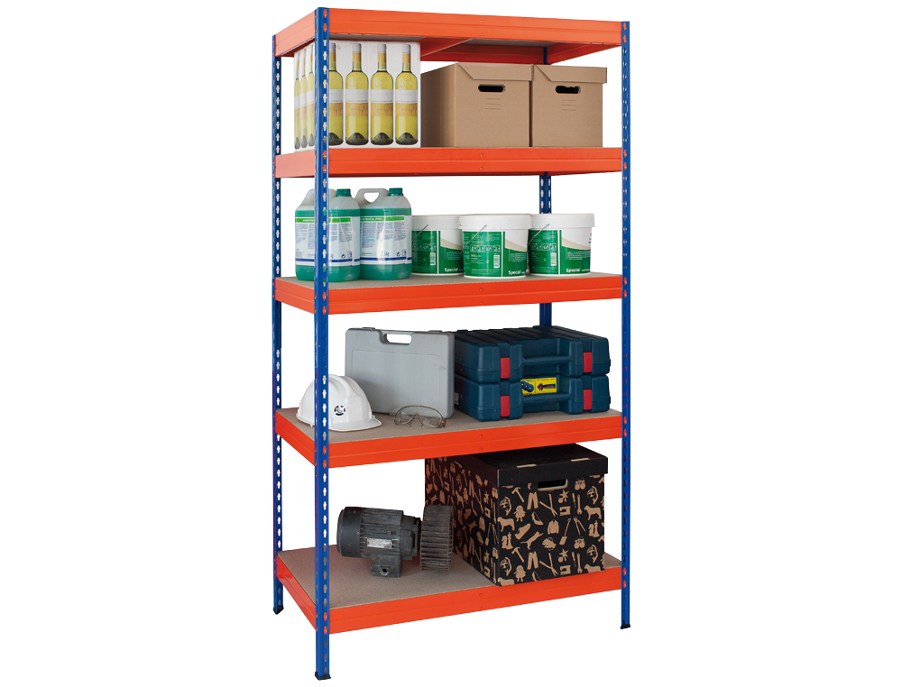 ESTANTERIA METALICA AR STORAGE 192X100X50CM 5 ESTANTES 300KG POR ESTANTE BANDEJAS DE MADERA SIN TORNILLOS AZUL/NARANJA