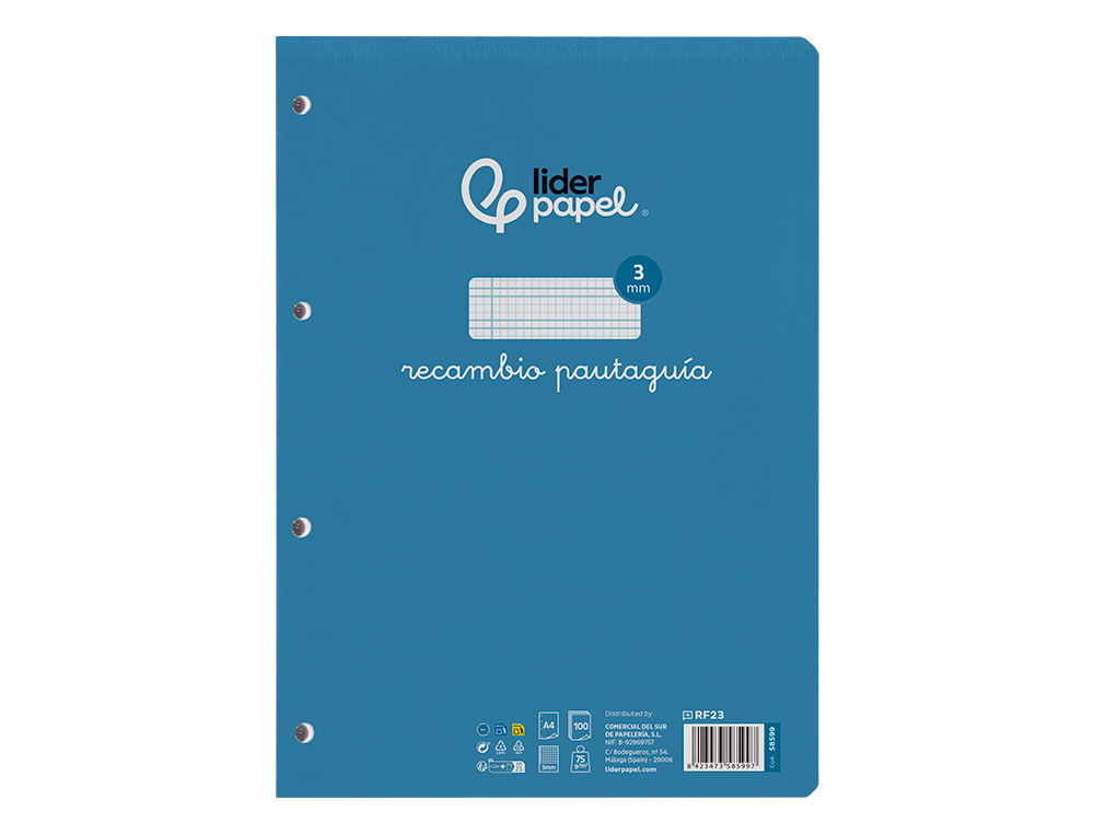 RECAMBIO LIDERPAPEL A4 PAUTAGUIA 100 HOJAS 75 G CUADRICULADO PAUTADO 3MM CON MARGEN 4 TALADROS