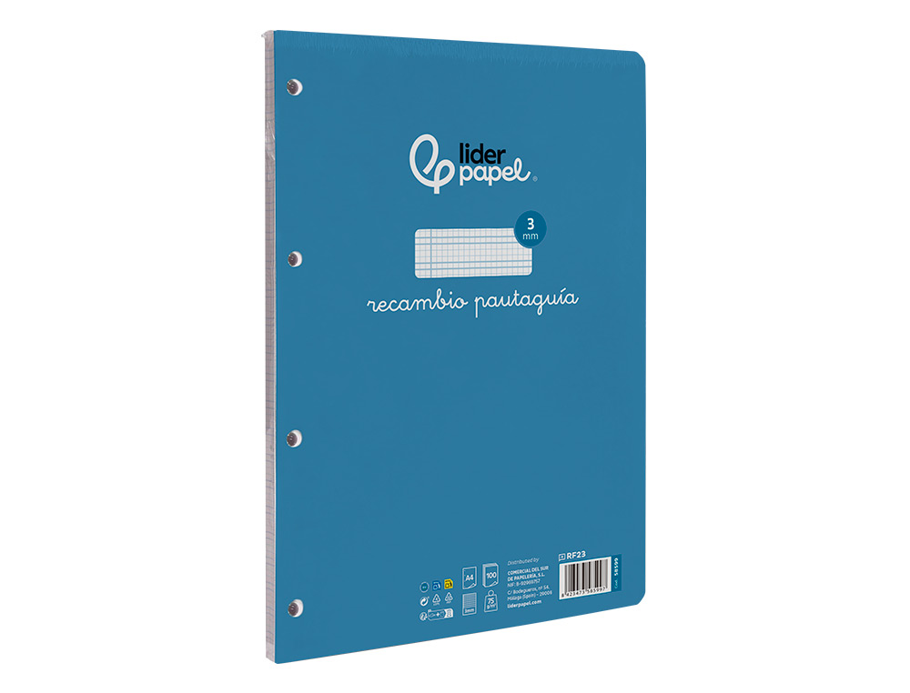 RECAMBIO LIDERPAPEL A4 PAUTAGUIA 100 HOJAS 75 G CUADRICULADO PAUTADO 3MM CON MARGEN 4 TALADROS