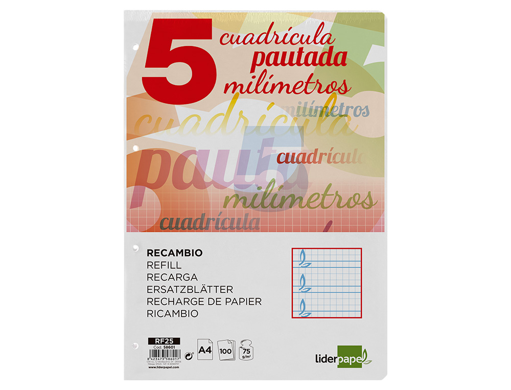 RECAMBIO LIDERPAPEL A4 PAUTAGUIA 100 HOJAS 75GR CUADRICULADO PAUTADO 5MM CON MARGEN 4 TALADROS