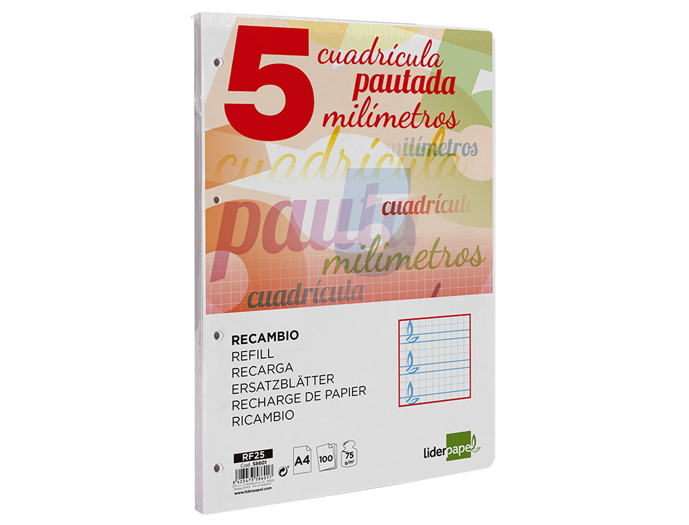 RECAMBIO LIDERPAPEL A4 PAUTAGUIA 100 HOJAS 75GR CUADRICULADO PAUTADO 5MM CON MARGEN 4 TALADROS