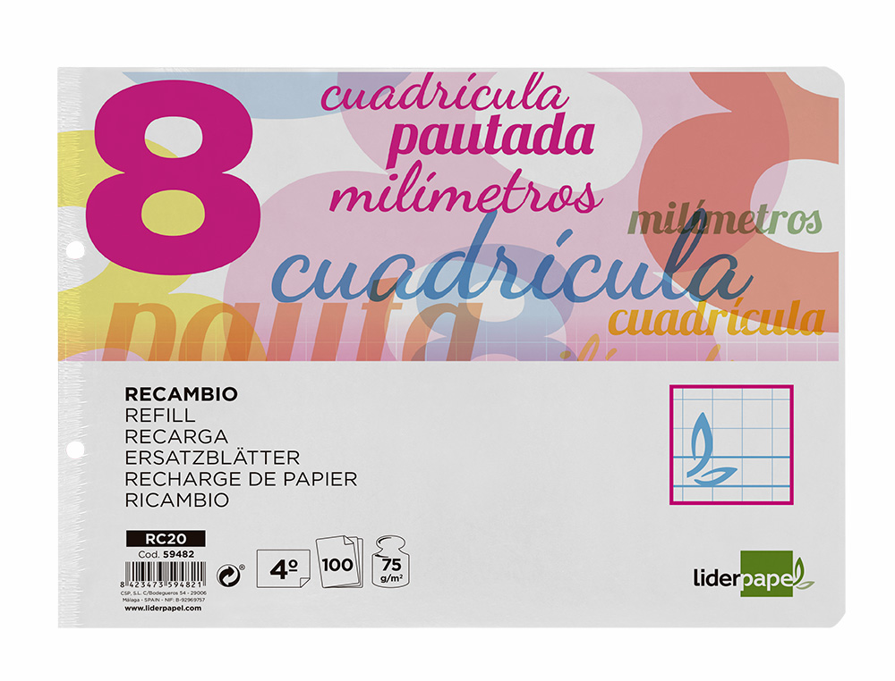 RECAMBIO LIDERPAPEL CUARTO APAISADO PAUTAGUIA 100 HOJAS 75GR CUADRICULADO PAUTADO 8MM CON MARGEN 2 TALADROS