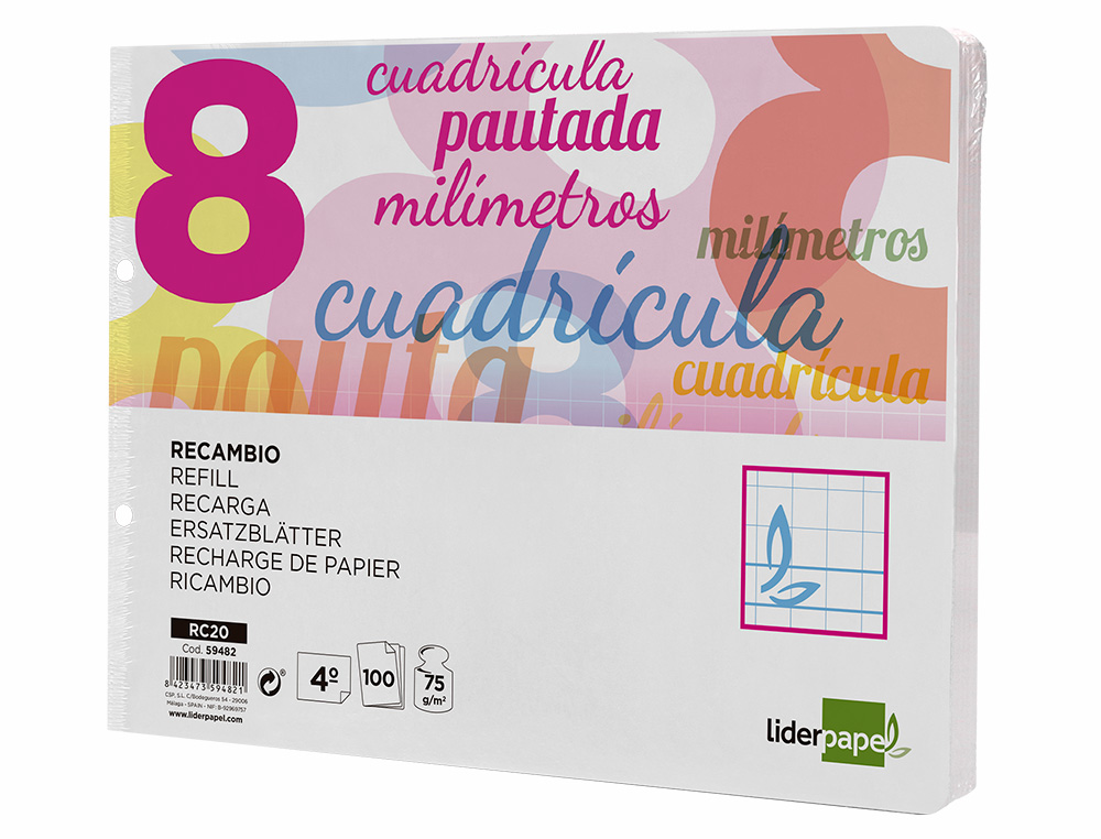 RECAMBIO LIDERPAPEL CUARTO APAISADO PAUTAGUIA 100 HOJAS 75GR CUADRICULADO PAUTADO 8MM CON MARGEN 2 TALADROS