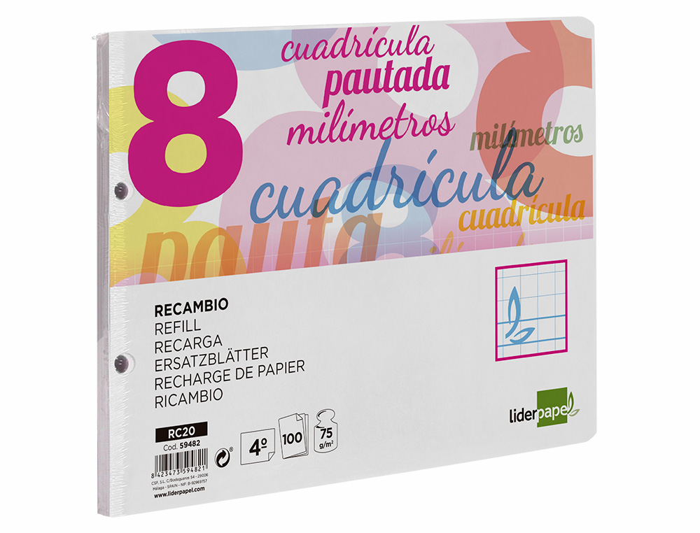 RECAMBIO LIDERPAPEL CUARTO APAISADO PAUTAGUIA 100 HOJAS 75GR CUADRICULADO PAUTADO 8MM CON MARGEN 2 TALADROS
