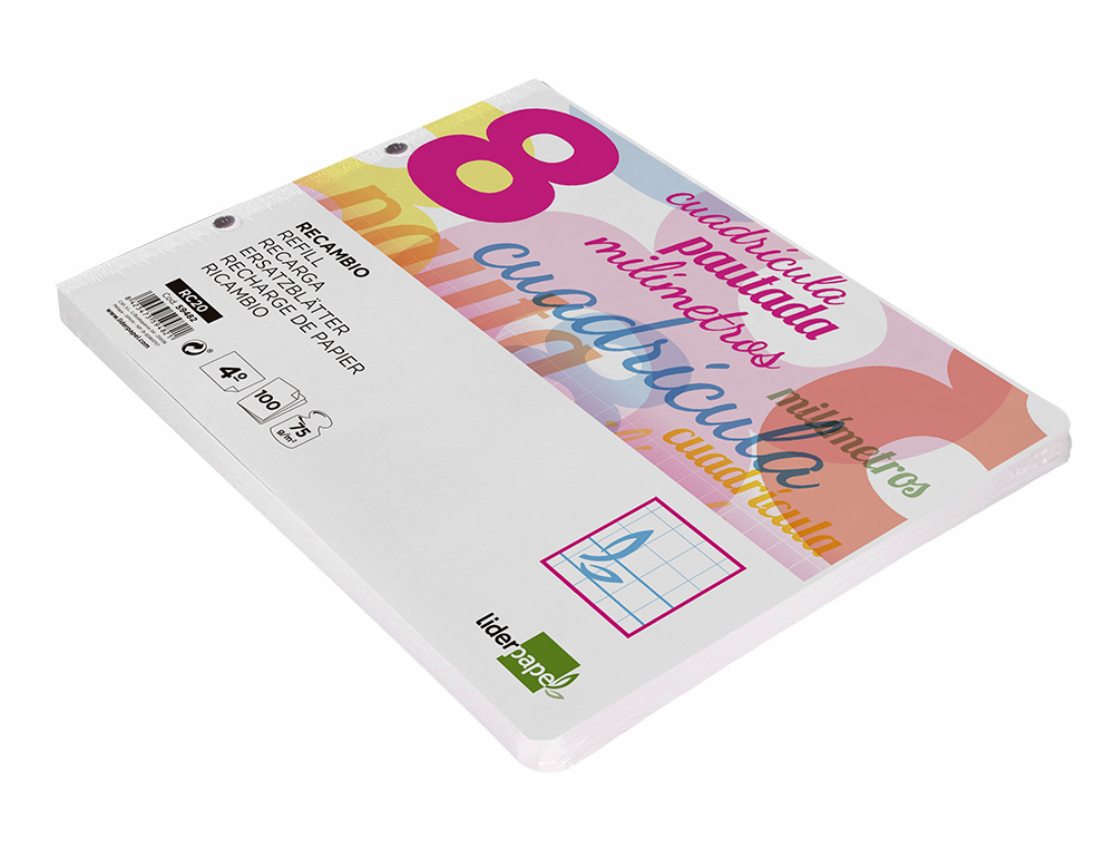 RECAMBIO LIDERPAPEL CUARTO APAISADO PAUTAGUIA 100 HOJAS 75GR CUADRICULADO PAUTADO 8MM CON MARGEN 2 TALADROS
