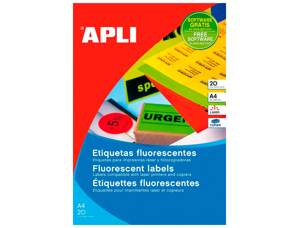 ETIQUETA ADHESIVA APLI 02878 TAMAO 210X297 MM PARA LASER FOTOCOPIADORA INK-JET CAJA CON 20 HOJAS DIN A4 AMARILLO