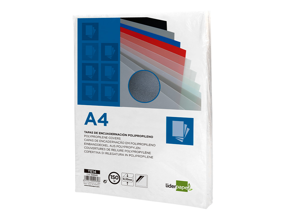 TAPA ENCUADERNACION LIDERPAPEL POLIPROPILENO A4 0.33MM TRANSLUCIDA PAQUETE DE 150 UNIDADES
