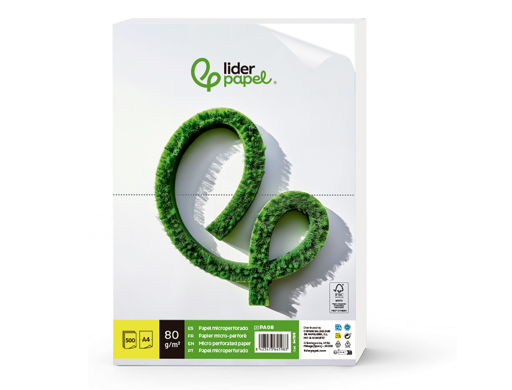 PAPEL LIDERPAPEL A4 80G/M2 LISO MICROPERFORADO EN DOS PARTES IGUALES PAQUETE DE 500 HOJAS FSC