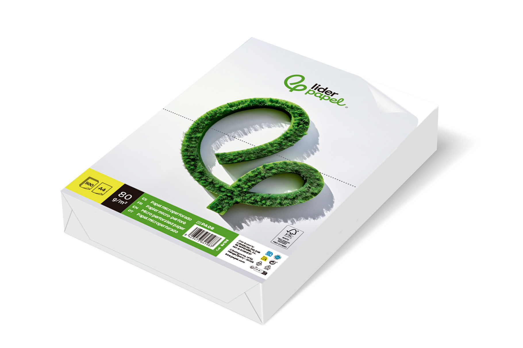 PAPEL LIDERPAPEL A4 80G/M2 LISO MICROPERFORADO EN DOS PARTES IGUALES PAQUETE DE 500 HOJAS FSC