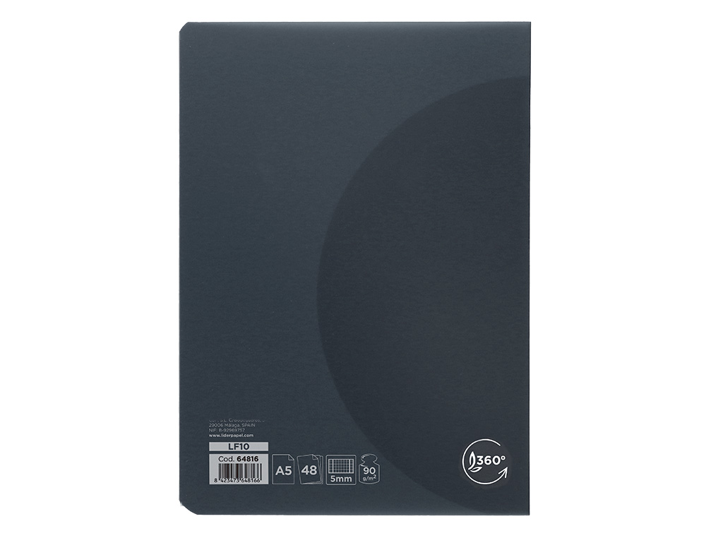 LIBRETA LIDERPAPEL 360 TAPA DE PLASTICO A5 48 HOJAS 90G/M2 5MM CON DOBLE MARGEN TAPA NEGRA