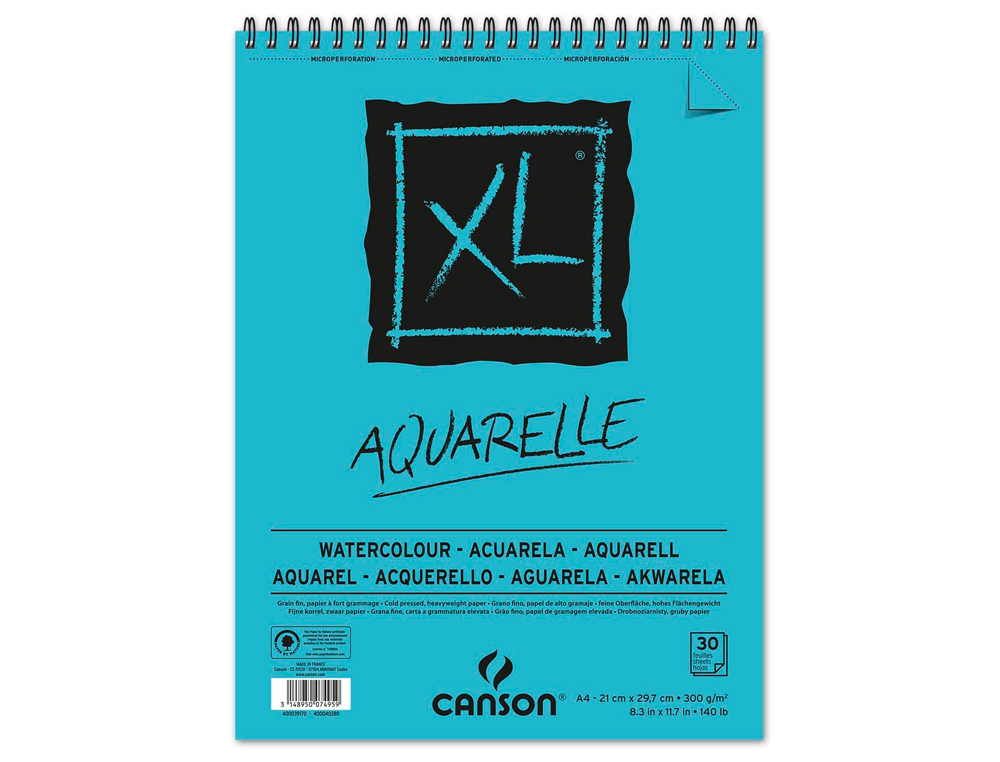 BLOC DIBUJO ACUARELA CANSON XL AQUARELLE GRANO FINO DIN A3 MICROPERFORADO ESPIRAL 29,7X42 CM 30 HOJAS 300 GR/M2