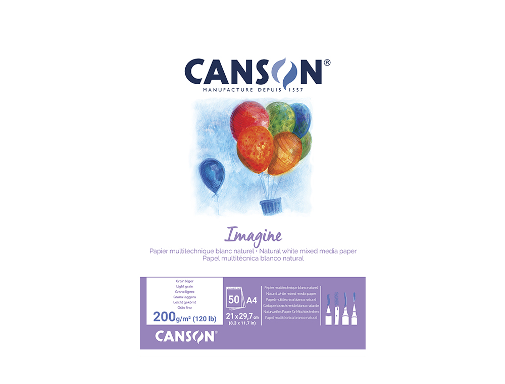 BLOC DIBUJO MULTITECNICAS CANSON IMAGINE DIN A4 ENCOLADO LISO 21X29,7 CM 50 HOJAS 200 GR/M2