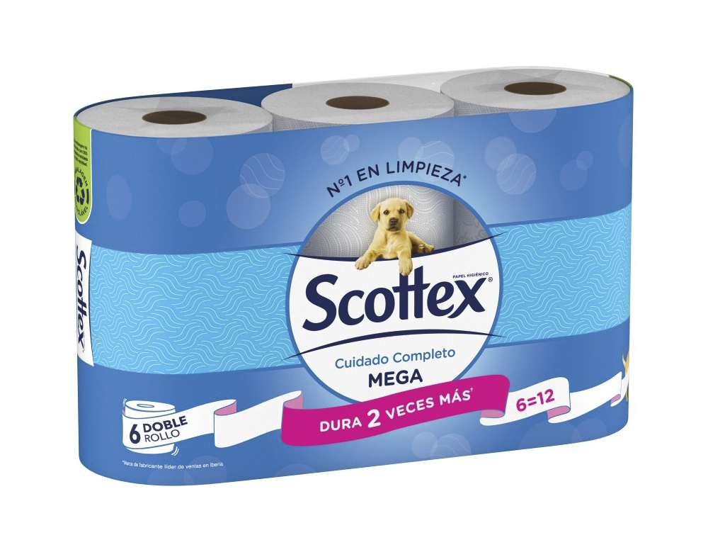 PAPEL HIGIENICO SCOTTEX MEGARROLLO DOBLE LARGO 2 CAPAS PAQUETE DE 6 ROLLOS