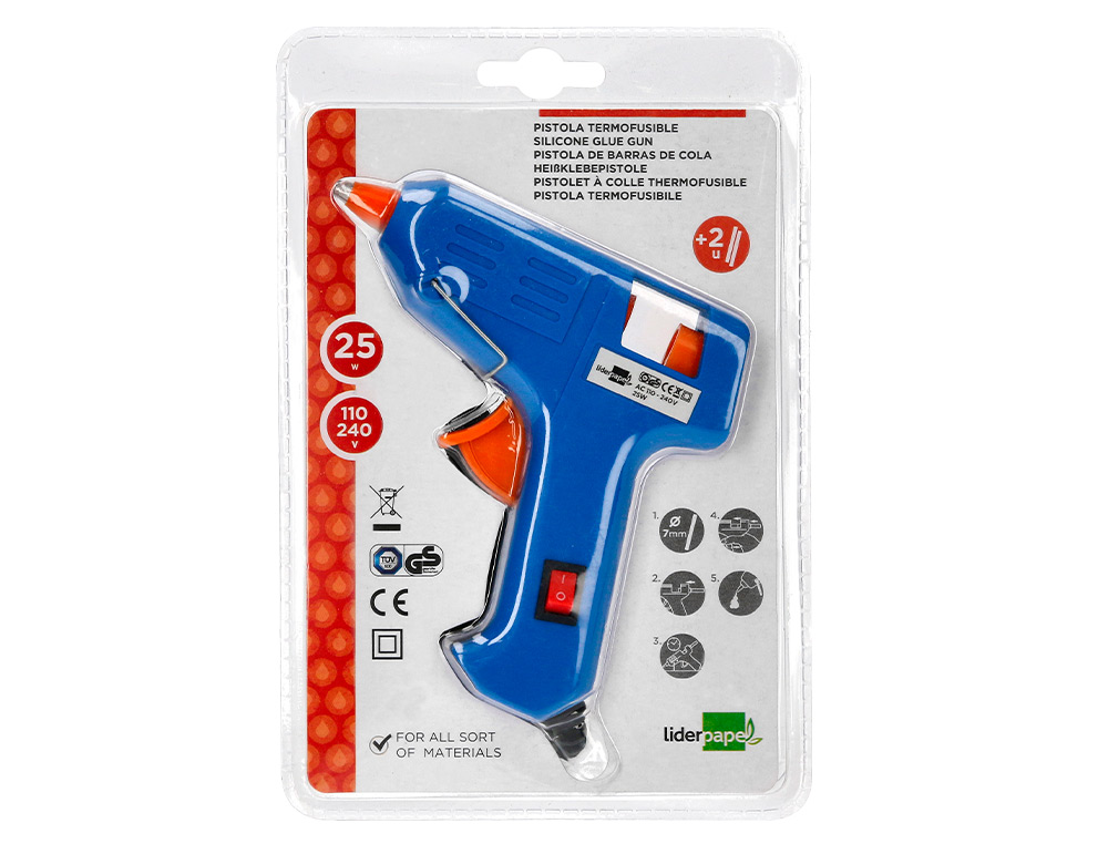 PISTOLA DE SILICONA CALIENTE MINI LIDERPAPEL DE 25 W CON GATILLO DISPENSADOR Y 2 BARRAS DE REPUESTO DE 7 MM