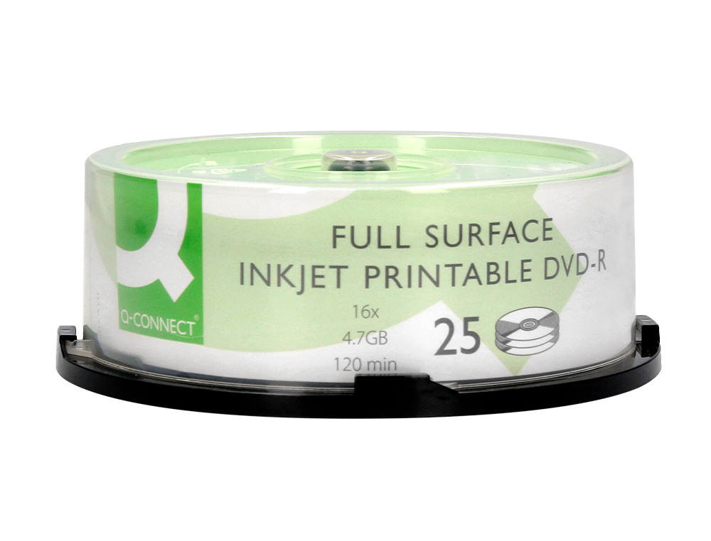DVD-R Q-CONNECT CON SUPERFICIE 100% IMPRIMIBLE PARA INKJET CAPACIDAD 4,7GB DURACION 120MIVELOCIDAD 16X BOTE DE 25 UNID