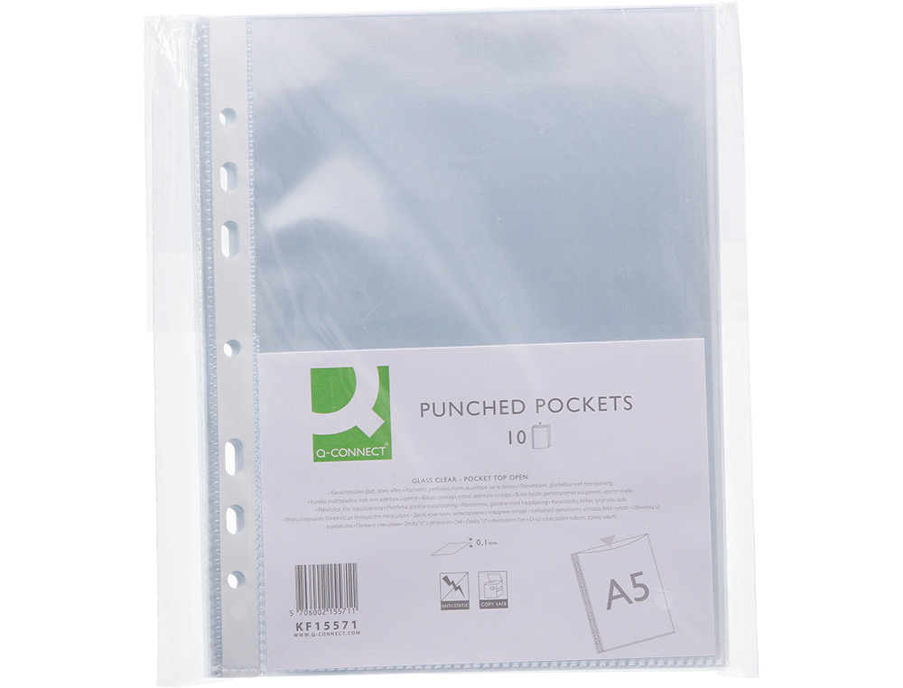 FUNDA MULTITALADRO Q-CONNECT DIN A5 100 MC CRISTAL 6 TALADROS BOLSA DE 10 UNIDADES