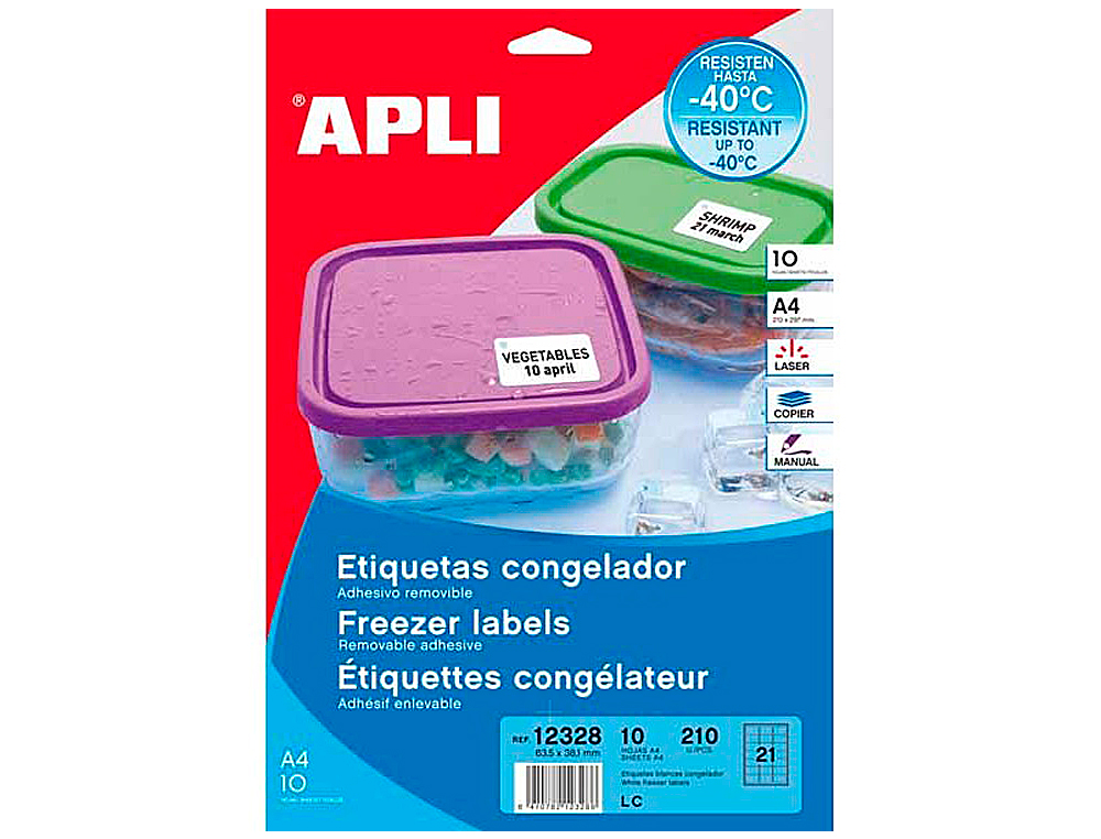 ETIQUETA ADHESIVA APLI 12328 TAMAÑO 63,5X38,1 MM PARA CONGELADOS CAJA CON 10 HOJAS A4 BLANCAS DIRECTIVA EUROPEA