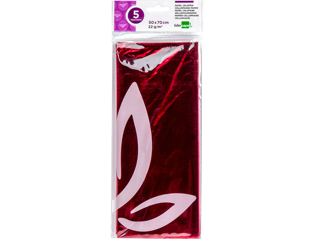 PAPEL CELOFAN LIDERPAPEL 50X70 CM 22G/M2 BOLSA DE 5 HOJAS ROSA