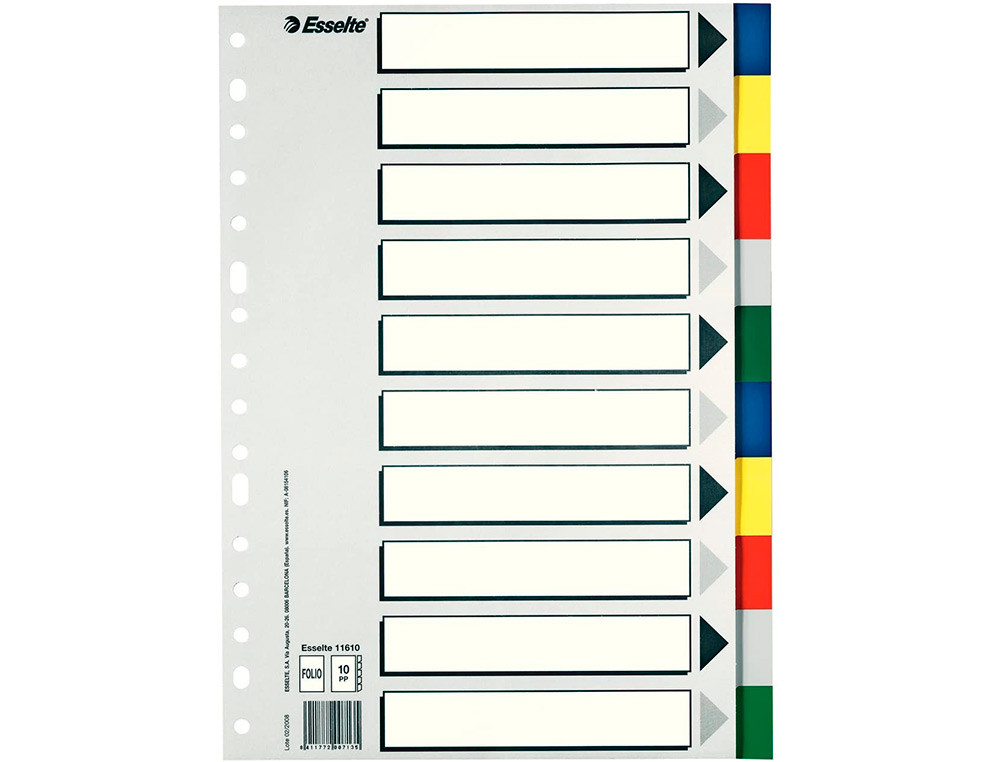 SEPARADOR ESSELTE PLASTICO JUEGO DE 10 SEPARADORES FOLIO CON 5 COLORES MULTITALADRO