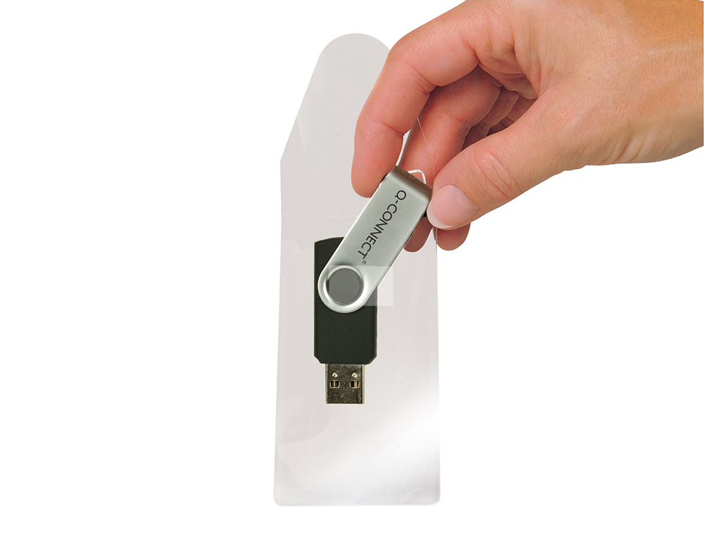 FUNDA AUTOADHESIVA Q-CONNECT PARA MEMORIAS USB CAPACIDAD PARA 10 UNIDADES 52,5X 90 MM
