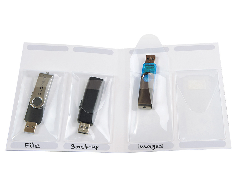 FUNDA AUTOADHESIVA Q-CONNECT PARA MEMORIAS USB CAPACIDAD PARA 10 UNIDADES 52,5X 90 MM