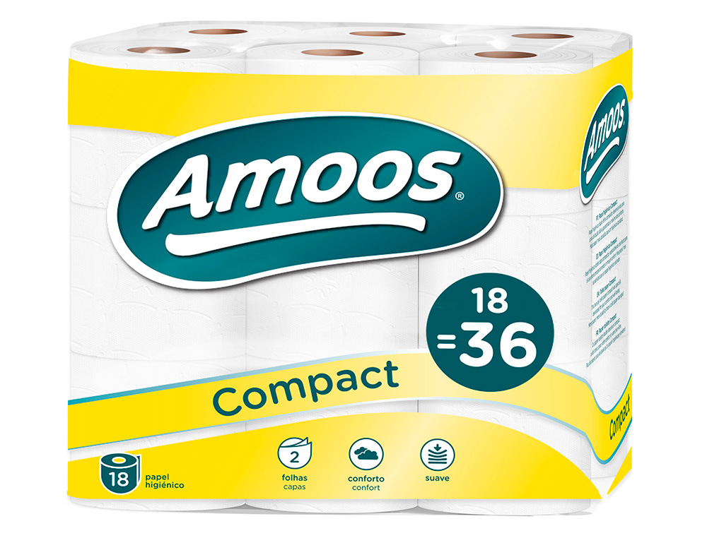 PAPEL HIGIENICO AMOOS DOBLE LARGO 2 CAPAS 120 MM DIAMETRO X 90 MM ALTO PAQUETE DE 18 ROLLOS