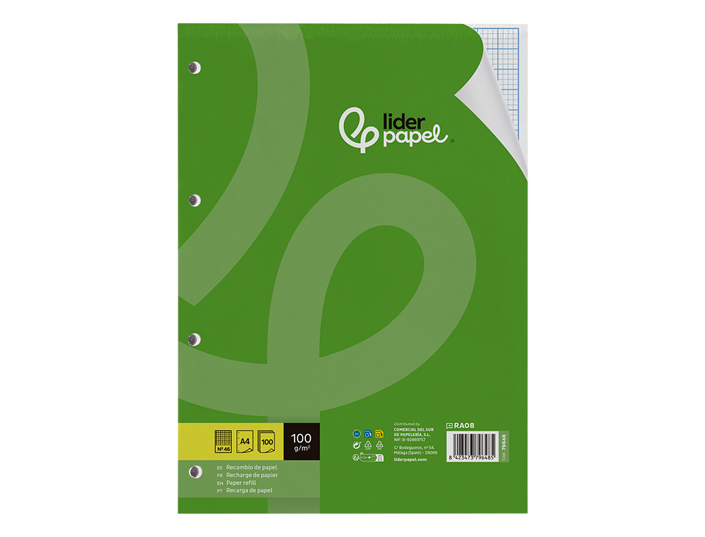 RECAMBIO LIDERPAPEL A4 100 HOJAS 100GR RAYADO N 46 4 TALADROS