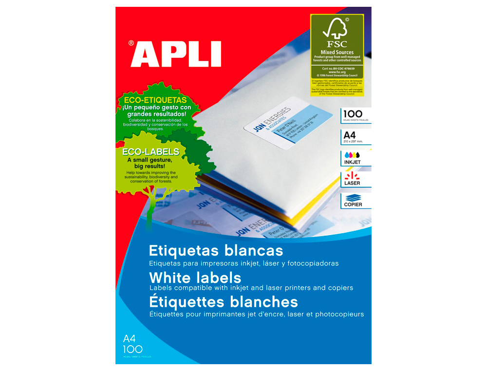 ETIQUETAS ADHESIVAS APLI 01282 TAMAÑO 48,5X16,9 MM PARA FOTOCOPIADORA LASER INK-JET CAJA DE 100H DINA4 6800 ETIQU