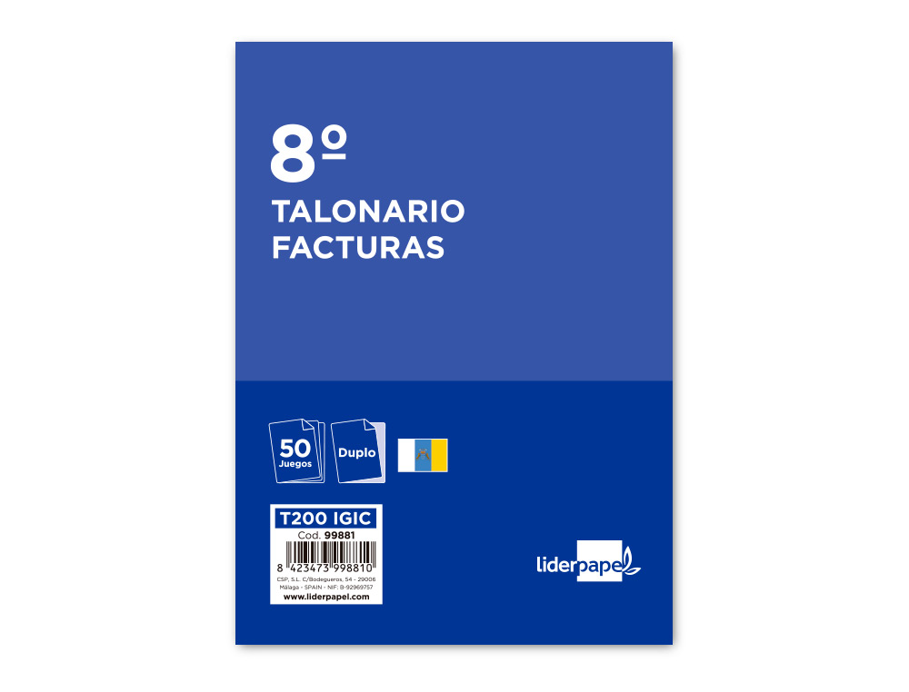 TALONARIO LIDERPAPEL FACTURAS 8º ORIGINAL Y COPIA T200 CON I.G.I.C