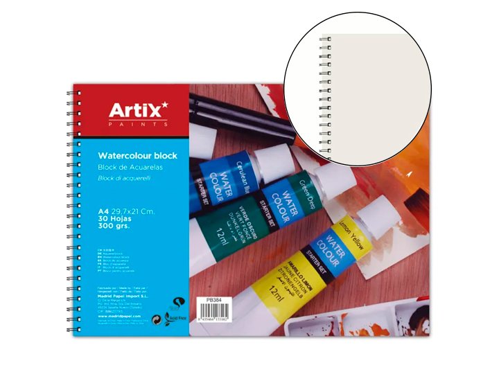 BLOC DE DIBUJO ESPIRAL ACUARELA DINA4 210X297 mm 300 Gramos 30 Hojas ARTIX