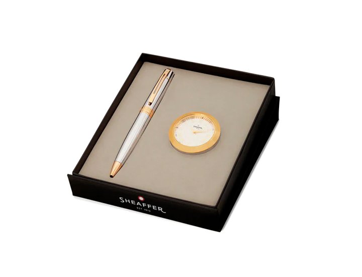 BOLIGRAFO SHEAFFER SERIE 300 CROMADO Y DORADO + RELOJ PISA PAPELES
