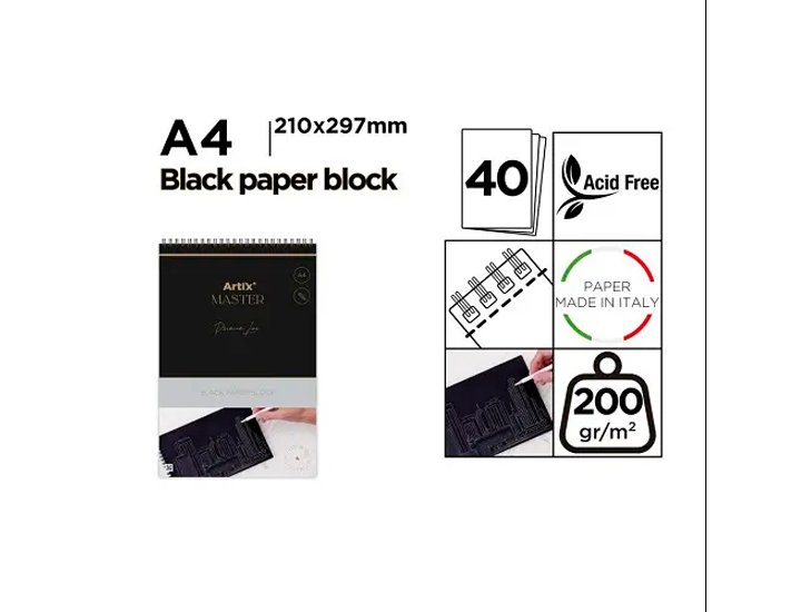 BLOC DE DIBUJO PAPEL NEGRO 200 Gramos DIN A4 40 HOJAS ARTIX