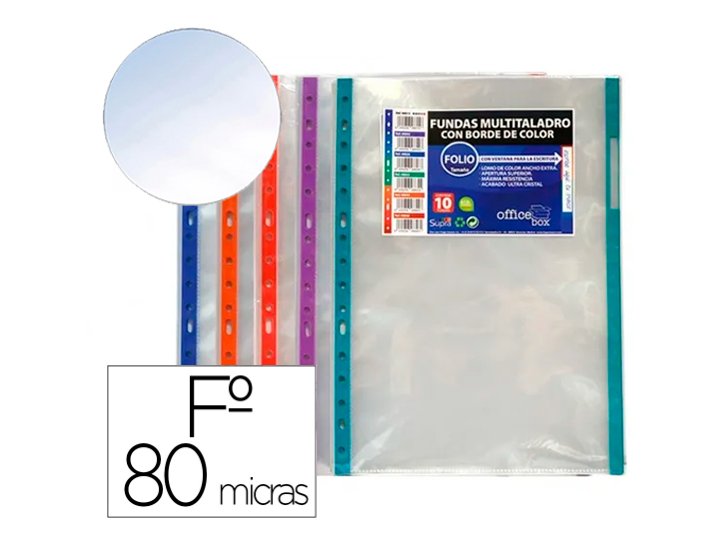 FUNDA MULTITALADRO FOLIO PACK 10 Unidades 80 Micras OFFICE BOX CON BORDES DE COLORES SURTIDOS