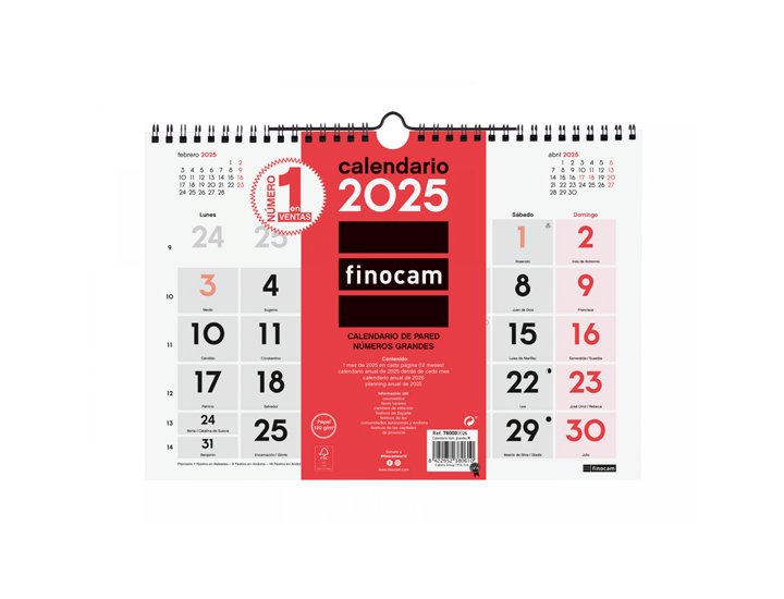 CALENDARIO DE PARED ESPIRAL 300X210 MM FINOCAM NUMEROS GRANDES