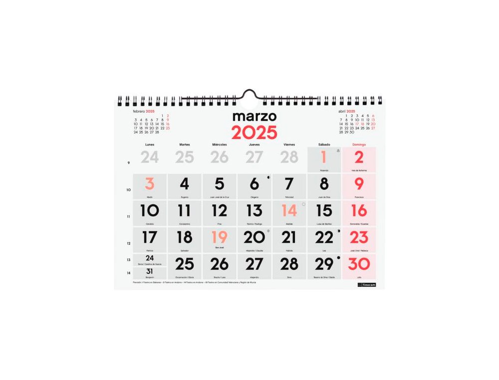 CALENDARIO DE PARED ESPIRAL 300X210 MM FINOCAM NUMEROS GRANDES