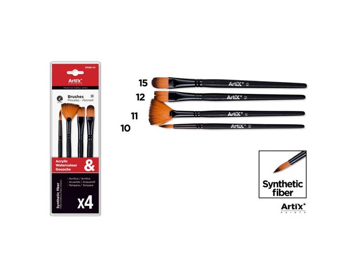PINCELES MANGO CORTO NEGRO PELO SINTETICO SET DE 4 Pinceles (N 10,N 11,N 12,N 15)