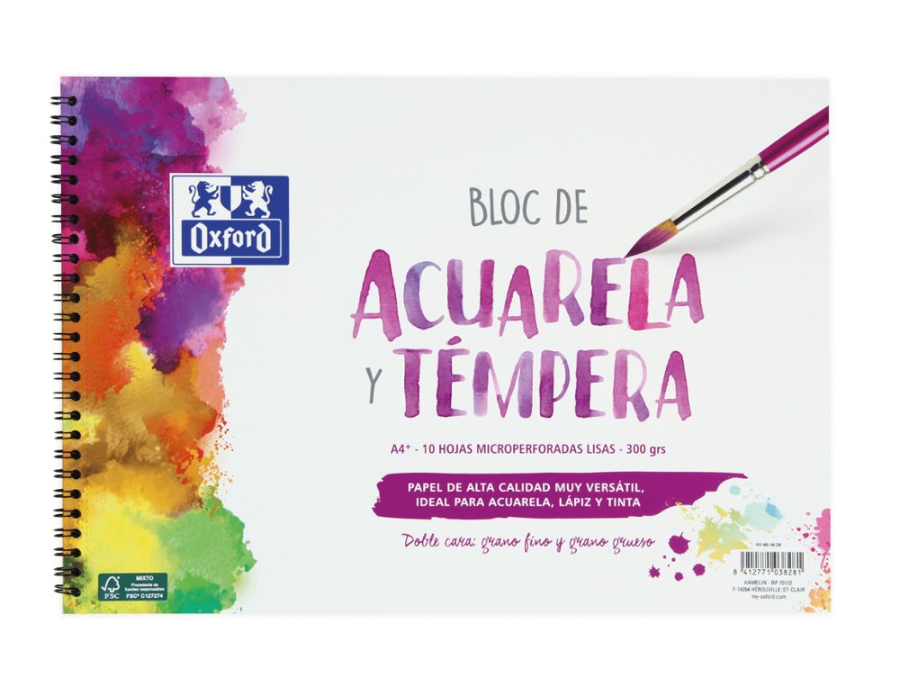 BLOC DE DIBUJO ACUARELA y TEMPERA OXFORD DINA4+ 10 Hojas 300 Gramos LISO
