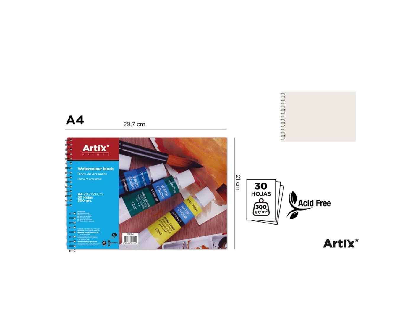 BLOC DE DIBUJO ESPIRAL ACUARELA DINA5 148X210 mm 300 Gramos 30 Hojas ARTIX