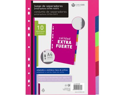 SEPARADORES DINA4 PLASTICO EXTRA 500 Micras COLORES FASHION 10 Pestaas CARCHIVO