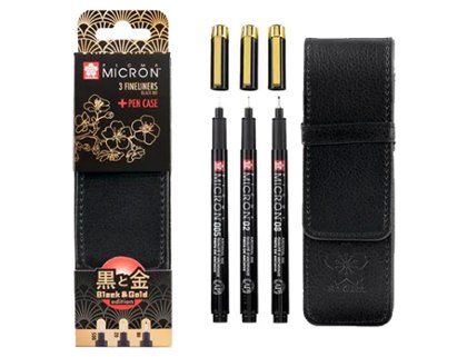 ROTULADOR SAKURA PIGMA MICRON SET 3 UNIDADES (0.55+0.2+0.8mm) NEGRO/DORADO+ESTUCHE DE PIEL