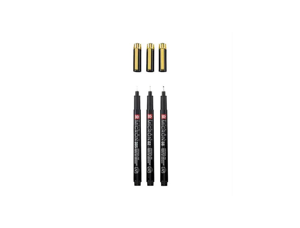 ROTULADOR SAKURA PIGMA MICRON SET 3 UNIDADES (0.55+0.2+0.8mm) NEGRO/DORADO+ESTUCHE DE PIEL