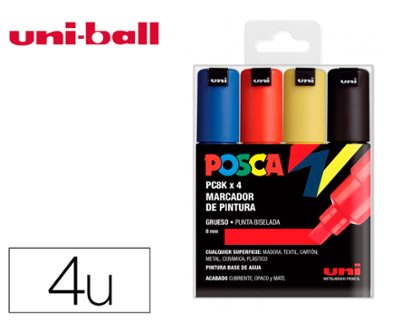 ROTULADOR UNI BALL POSCA GRUESO BISELADA 8MM PACK 4 UND BASIC
