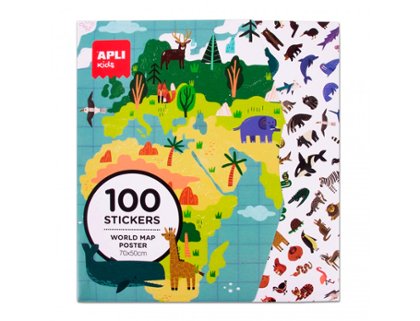 JUEGO EDUCATIVO APLI POSTER GIGANTE + 100 PEGATINAS MAPA MUNDI