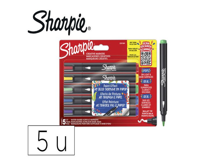 ROTULADOR SHARPIE PERMANENTE CREATIVE MARKERS ACRILICO PUNTA REDONDA Pack de 5 Colores Surtidos